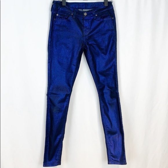 NWOT 7 for all Mankind Electric Blue Liquid Metallic Skinny Jeans size 26 - Picture 2 of 6